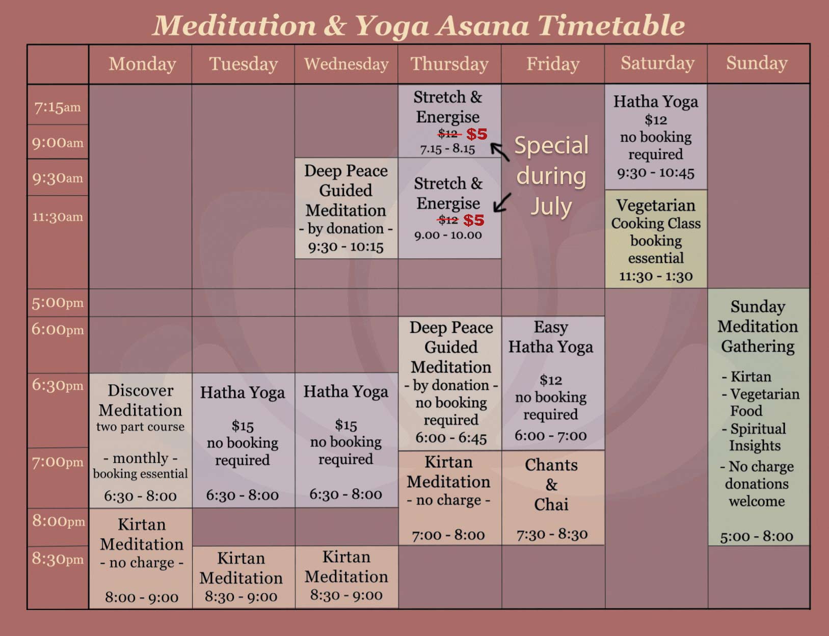 Yoga and Meditation in Melbourne Timetable